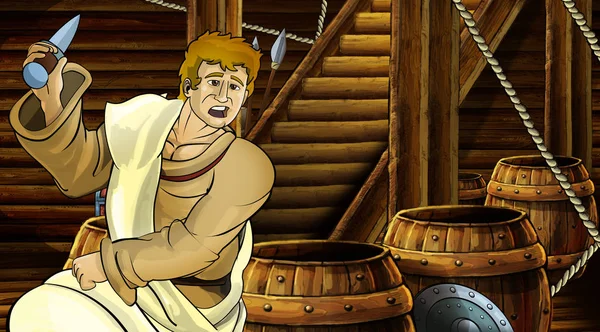 Σκηνή κινουμένων σχεδίων με ρωμαϊκό ή ελληνικό αρχαίο χαρακτήρα μέσα σε ξύλινο θάλαμο πλοίου εικονογράφηση για παιδιά — Φωτογραφία Αρχείου