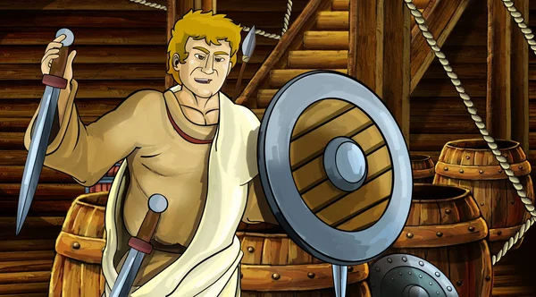 Cartoon scene met Romeinse of Griekse oude karakter in houten schip kamer illustratie voor kinderen — Stockfoto