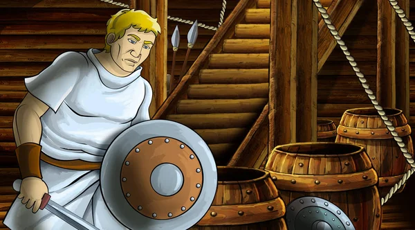 Escena de dibujos animados con carácter romano o griego antiguo dentro de la cámara de madera barco ilustración para niños — Foto de Stock
