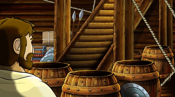 Cartoon scene met Romeinse of Griekse oude karakter in houten schip kamer illustratie voor kinderen — Stockfoto