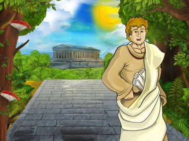 Roma ya da Yunan savaşçı korsan ile çizgi film sahnesi çocuklar için tapınak illüstrasyonu gibi antik bir binanın yakınında antik bir karakter