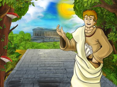 Roma ya da Yunan savaşçı korsan ile çizgi film sahnesi çocuklar için tapınak illüstrasyonu gibi antik bir binanın yakınında antik bir karakter