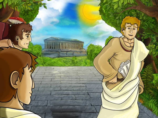 Cena dos desenhos animados com romano ou grego guerreiro pirata personagem antigo perto de algum edifício antigo como ilustração do templo para crianças — Fotografia de Stock