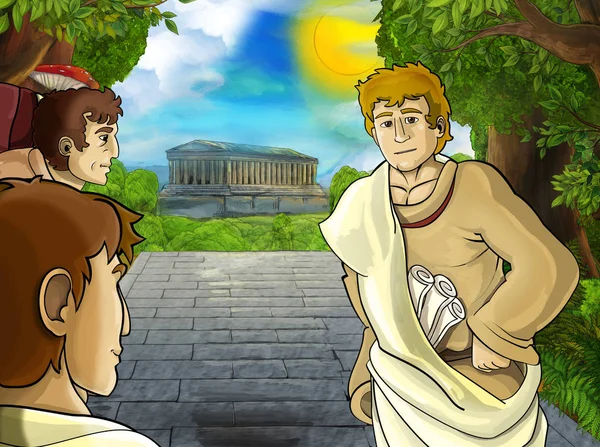 cartoon scene with roman or greek warrior pirate ancient character near some ancient building like temple illustration for children