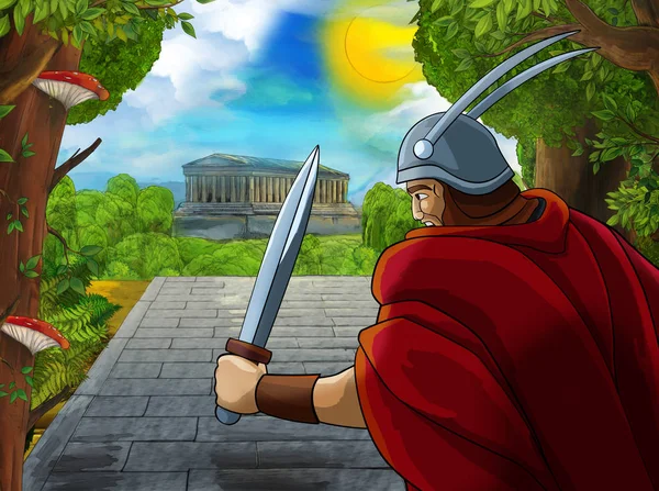 cartoon scene with roman or greek warrior pirate ancient character near some ancient building like temple illustration for children