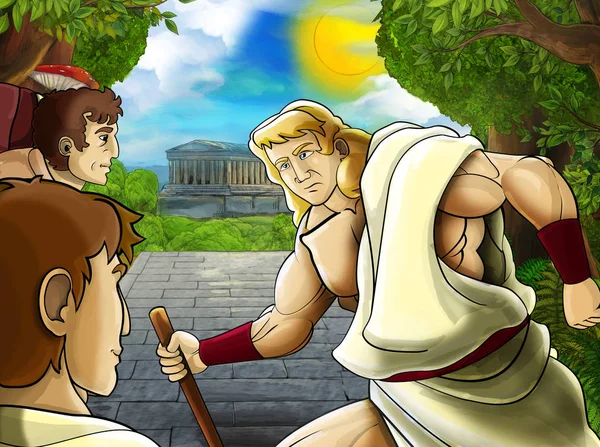 cartoon scene with roman or greek warrior pirate ancient character near some ancient building like temple illustration for children