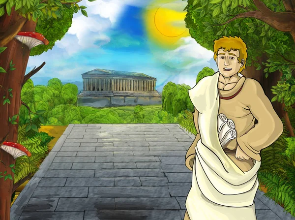 cartoon scene with roman or greek warrior pirate ancient character near some ancient building like temple illustration for children