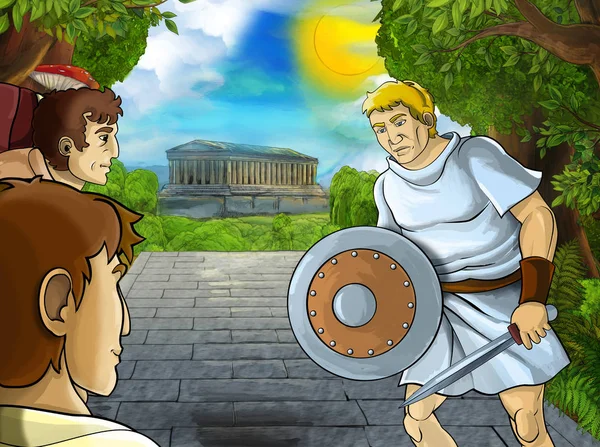 Cena dos desenhos animados com romano ou grego guerreiro pirata personagem antigo perto de algum edifício antigo como ilustração do templo para crianças — Fotografia de Stock