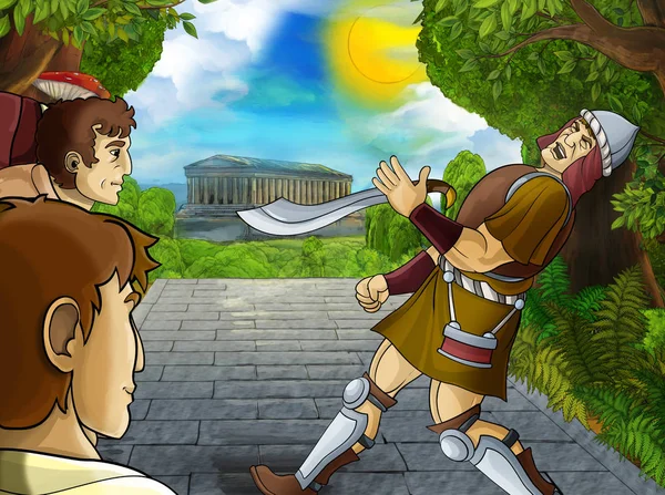 cartoon scene with roman or greek warrior pirate ancient character near some ancient building like temple illustration for children