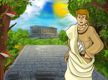 Roma ya da Yunan karakterli bir karikatür sahnesi. Eski bir binanın yakınında. Çocuklar için şehir illüstrasyonuna giden yoldaki tapınak gibi.