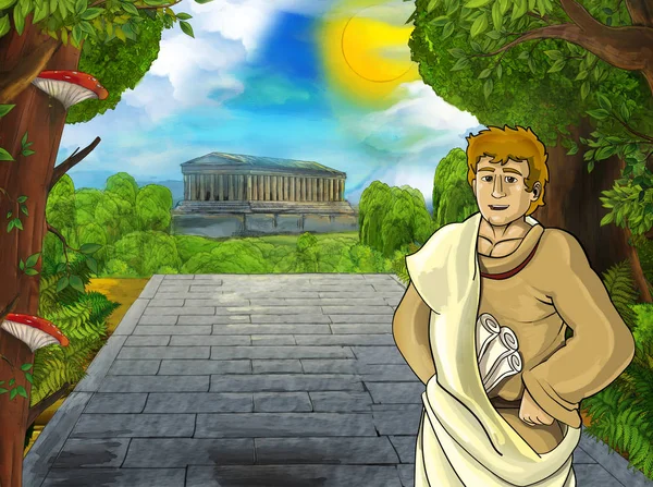 Cena dos desenhos animados com roman ou caráter antigo grego perto de algum edifício antigo como o templo na estrada para a ilustração da cidade para crianças — Fotografia de Stock