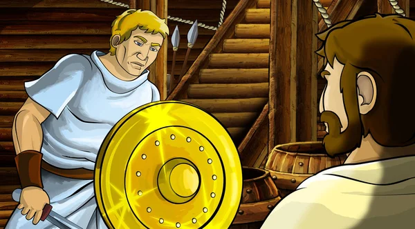 Scena kreskówki z rzymskiego lub greckiego starożytnego charakteru wewnątrz drewnianej komory statku ze złotą tarczą ilustracja dla dzieci — Zdjęcie stockowe