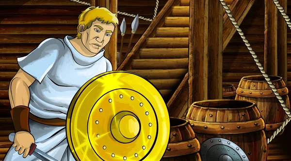 Cartoon scene with roman or greek ancient character inside wooden ship chamber with golden shield illustration for children — Stock Photo, Image