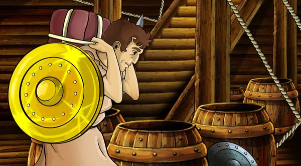 Escena de dibujos animados con carácter romano o griego antiguo dentro de la cámara de madera barco con ilustración escudo de oro para los niños — Foto de Stock