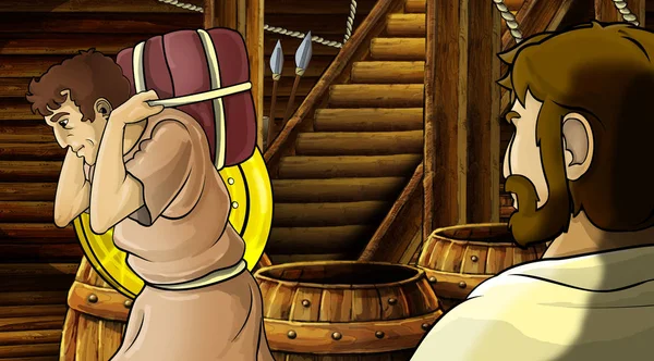 cartoon scene with roman or greek ancient character inside wooden ship chamber with golden shield illustration for children