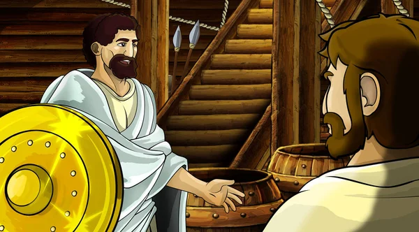 Scena kreskówki z rzymskiego lub greckiego starożytnego charakteru wewnątrz drewnianej komory statku ze złotą tarczą ilustracja dla dzieci — Zdjęcie stockowe