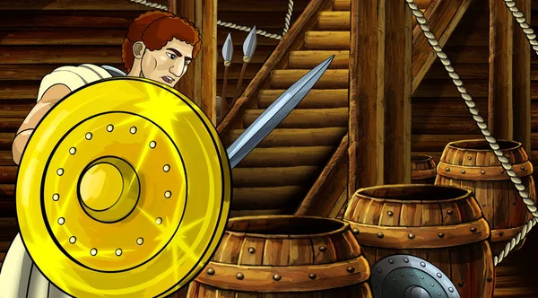 Cartoon scene met Romeinse of Griekse oude karakter in houten schip kamer met gouden schild illustratie voor kinderen — Stockfoto