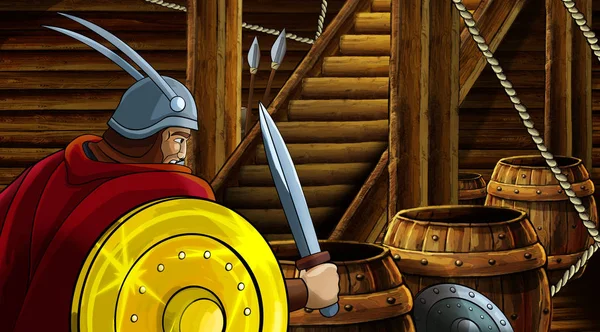 cartoon scene with roman or greek ancient character inside wooden ship chamber with golden shield illustration for children