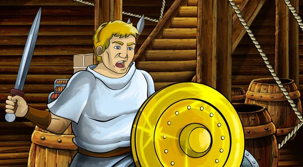 cartoon scene with roman or greek ancient character inside wooden ship chamber with golden shield illustration for children
