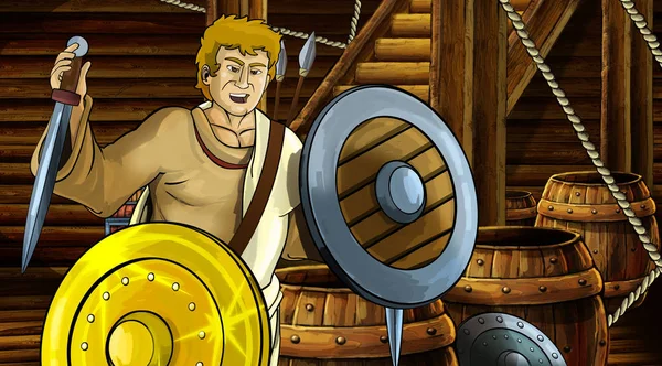 Escena de dibujos animados con carácter romano o griego antiguo dentro de la cámara de madera barco con ilustración escudo de oro para los niños — Foto de Stock