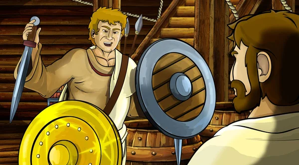 cartoon scene with roman or greek ancient character inside wooden ship chamber with golden shield illustration for children
