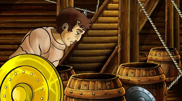 cartoon scene with roman or greek ancient character inside wooden ship chamber with golden shield illustration for children