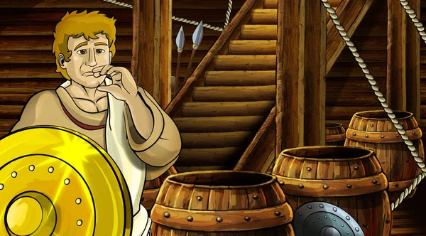 Σκηνή κινουμένων σχεδίων με ρωμαϊκό ή ελληνικό αρχαίο χαρακτήρα μέσα σε ξύλινο θάλαμο πλοίου με χρυσή ασπίδα εικονογράφηση για παιδιά — Φωτογραφία Αρχείου