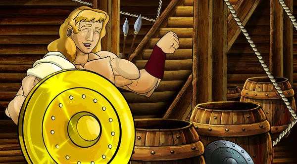 Cartoon scene met Romeinse of Griekse oude karakter in houten schip kamer met gouden schild illustratie voor kinderen — Stockfoto