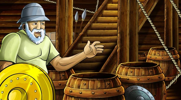 cartoon scene with roman or greek ancient character inside wooden ship chamber with golden shield illustration for children