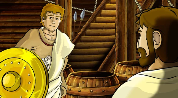 cartoon scene with roman or greek ancient character inside wooden ship chamber with golden shield illustration for children