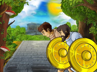 Roma ya da Yunan karakterli bir karikatür sahnesi. Eski bir binanın yakınında. Çocuklar için şehir illüstrasyonuna giden yoldaki tapınak gibi.