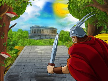 Roma ya da Yunan karakterli bir karikatür sahnesi. Eski bir binanın yakınında. Çocuklar için şehir illüstrasyonuna giden yoldaki tapınak gibi.