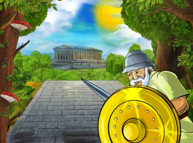 Roma ya da Yunan karakterli bir karikatür sahnesi. Eski bir binanın yakınında. Çocuklar için şehir illüstrasyonuna giden yoldaki tapınak gibi.