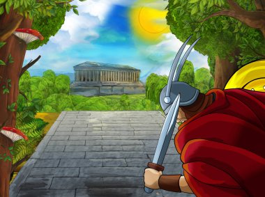 Roma ya da Yunan karakterli bir karikatür sahnesi. Eski bir binanın yakınında. Çocuklar için şehir illüstrasyonuna giden yoldaki tapınak gibi.