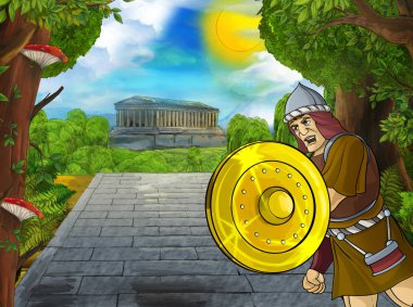 Roma ya da Yunan karakterli bir karikatür sahnesi. Eski bir binanın yakınında. Çocuklar için şehir illüstrasyonuna giden yoldaki tapınak gibi.