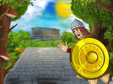 Roma ya da Yunan karakterli bir karikatür sahnesi. Eski bir binanın yakınında. Çocuklar için şehir illüstrasyonuna giden yoldaki tapınak gibi.