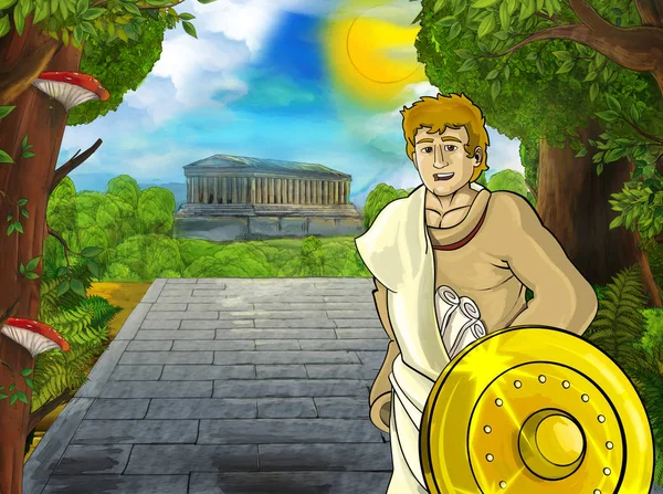 cartoon scene with roman or greek ancient character near some ancient building like temple on the road to the city illustration for children
