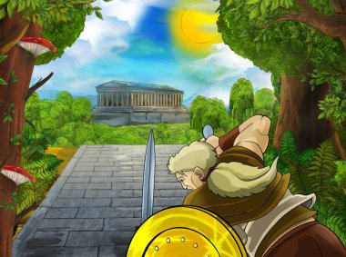 Roma ya da Yunan karakterli bir karikatür sahnesi. Eski bir binanın yakınında. Çocuklar için şehir illüstrasyonuna giden yoldaki tapınak gibi.