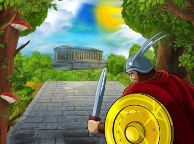 Roma ya da Yunan karakterli bir karikatür sahnesi. Eski bir binanın yakınında. Çocuklar için şehir illüstrasyonuna giden yoldaki tapınak gibi.
