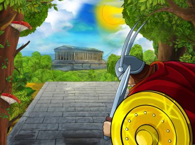 Roma ya da Yunan karakterli bir karikatür sahnesi. Eski bir binanın yakınında. Çocuklar için şehir illüstrasyonuna giden yoldaki tapınak gibi.