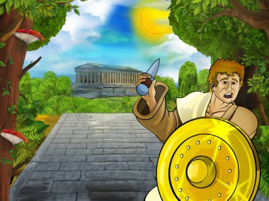 Roma ya da Yunan karakterli bir karikatür sahnesi. Eski bir binanın yakınında. Çocuklar için şehir illüstrasyonuna giden yoldaki tapınak gibi.