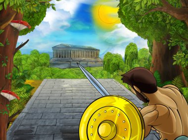 Roma ya da Yunan karakterli bir karikatür sahnesi. Eski bir binanın yakınında. Çocuklar için şehir illüstrasyonuna giden yoldaki tapınak gibi.
