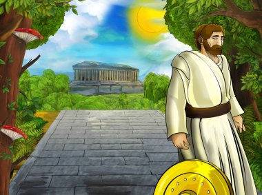 Roma ya da Yunan karakterli bir karikatür sahnesi. Eski bir binanın yakınında. Çocuklar için şehir illüstrasyonuna giden yoldaki tapınak gibi.