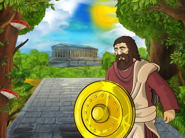 cartoon scene with roman or greek ancient character near some ancient building like temple on the road to the city illustration for children