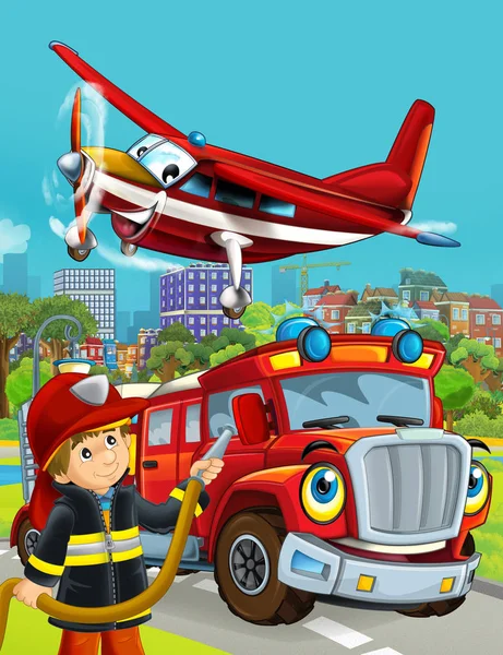 Zeichentrickszene mit Feuerwehrfahrzeug auf der Straße, das durch die Stadt fährt und Flugzeug überfliegt und Feuerwehrmann in der Nähe steht - Illustration für Kinder — Stockfoto