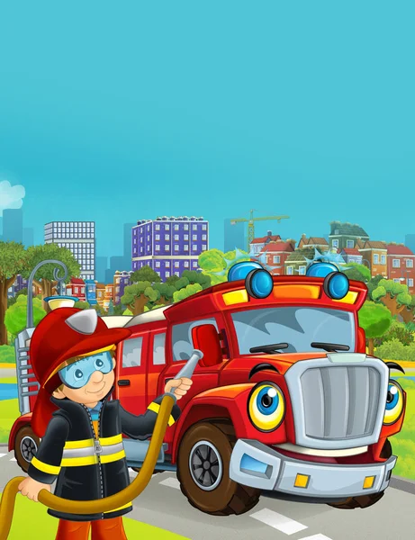 Scena z kreskówek z wozem strażackim na drodze przez miasto i strażakiem stojącym w pobliżu - ilustracja dla dzieci — Zdjęcie stockowe