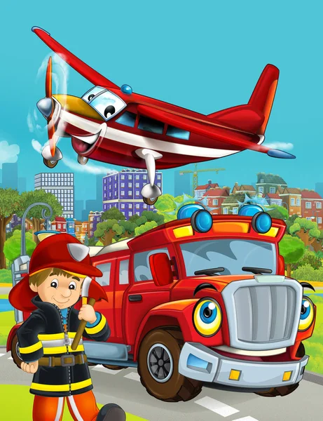 Rajzfilm jelenet tűzoltó jármű az úton áthajt a városon, és repülőgép repül át, és tűzoltó áll közel - illusztráció gyerekeknek — Stock Fotó
