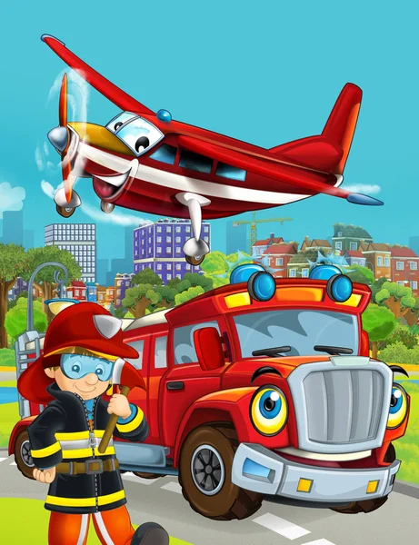 Escena de dibujos animados con vehículo bombero en la carretera que conduce a través de la ciudad y el avión volando y bombero de pie cerca - ilustración para los niños — Foto de Stock