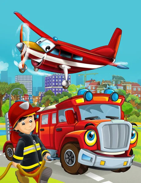 Zeichentrickszene mit Feuerwehrfahrzeug auf der Straße, das durch die Stadt fährt und Flugzeug überfliegt und Feuerwehrmann in der Nähe steht - Illustration für Kinder — Stockfoto