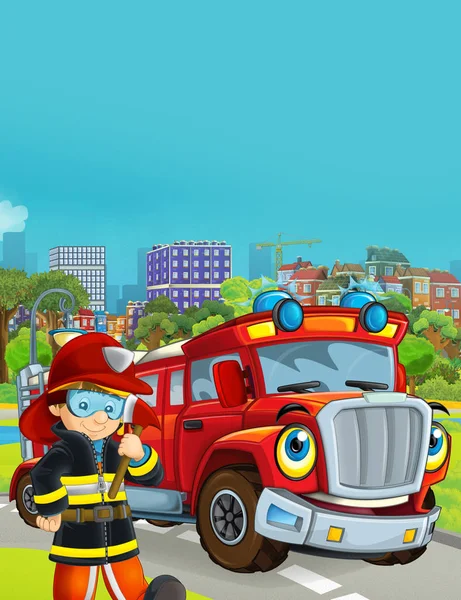 Kreslená scéna s hasičským vozidlem na silnici projíždějící městem a hasičem stojící poblíž - ilustrace pro děti — Stock fotografie